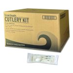Six-Piece Cutlery Kit, Mediumweight, Fork/Knife/Napkin/Pepper/Salt/Spoon, 5.86", Plastic, White, 250/Carton