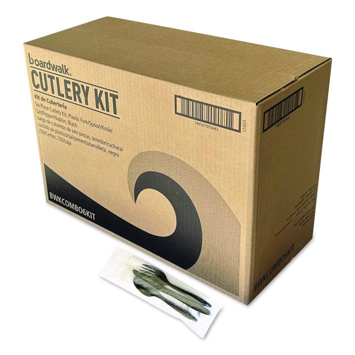 15169201 Six-Piece Cutlery Kit, Mediumweight, Fork/Knife/Napkin/Pepper/Salt/Spoon, 5.86", Plastic, Black, 250/Carton - Image 1