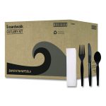Four-Piece Cutlery Kit, Heavyweight, Fork/Knife/Napkin/Spoon, Plastic, Black, 250/Carton