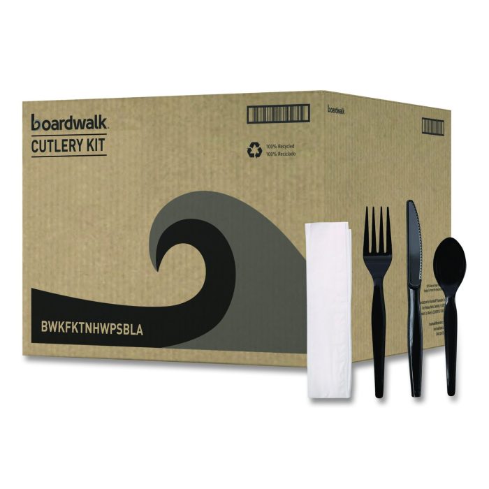 893939 Four-Piece Cutlery Kit, Heavyweight, Fork/Knife/Napkin/Spoon, Plastic, Black, 250/Carton - Image 1