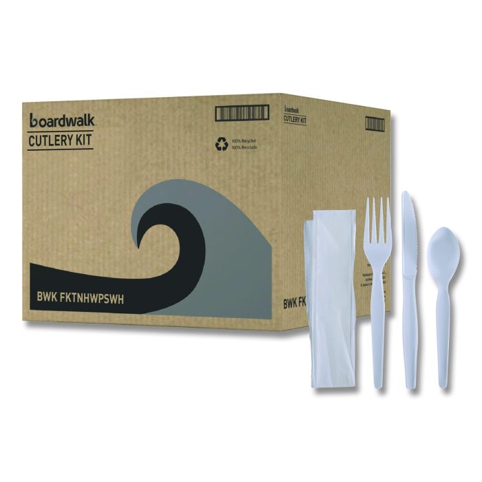 836650 Four-Piece Cutlery Kit, Heavyweight, Fork/Knife/Napkin/Spoon, Plastic, White, 250/Carton - Image 1