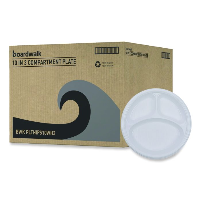 845389 Hi-Impact Plastic Dinnerware, 3-Compartment Plate, 10" dia, White, 500/Carton - Image 1