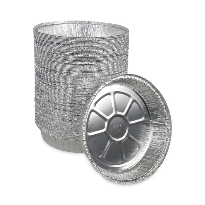 752499 Round Aluminum To-Go Containers, 300 Gauge, 48 oz, 9" Diameter x 1.66" h, Silver, 500/Carton - Image 1