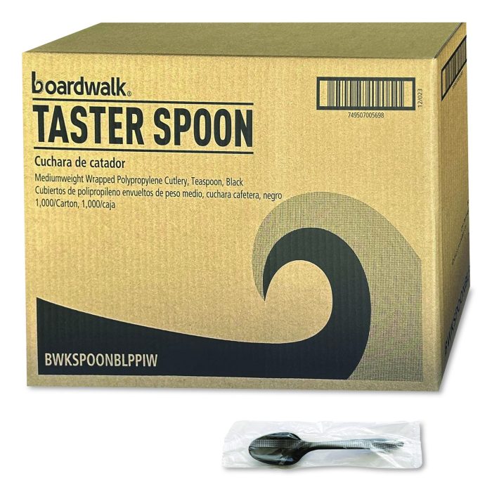 15184884 Mediumweight Polypropylene Cutlery, Individually Wrapped, Spoon, Plastic, Black, 1,000/Carton - Image 1