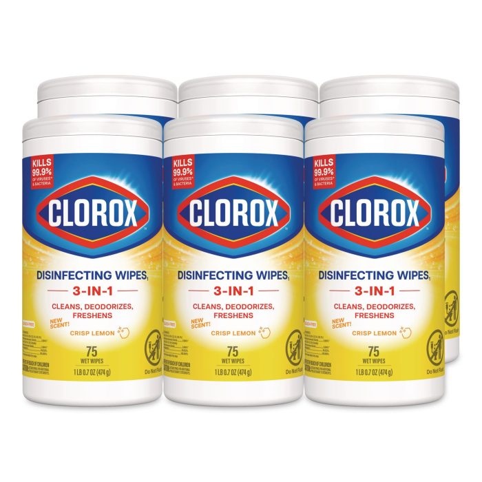 15182752 Disinfecting Wipes, Bleach Free Cleaning Wipes, 1-Ply, 7 x 7.75, Crisp Lemon, White, 75/Canister, 6 Canisters/Carton - Image 1
