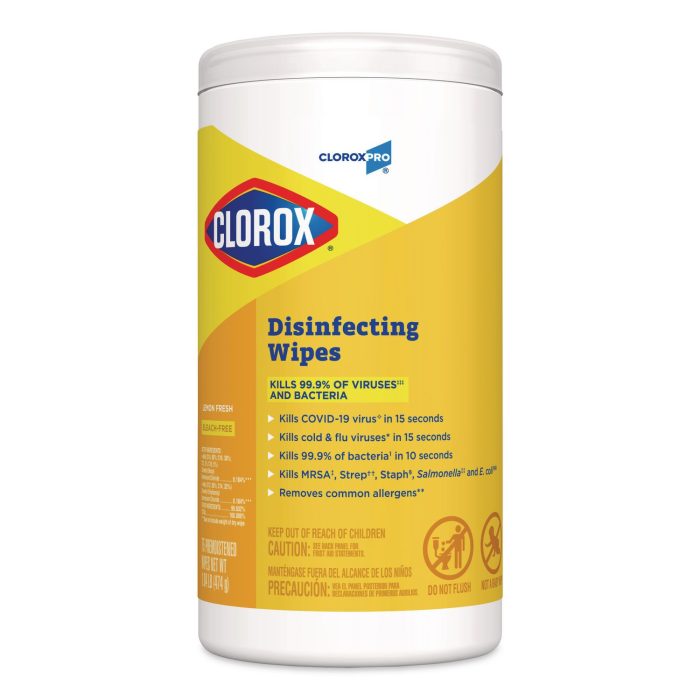15182774 CloroxPro Disinfecting Wipes, 1-Ply, 7 x 8, Lemon Fresh, White, 75/Canister - Image 1