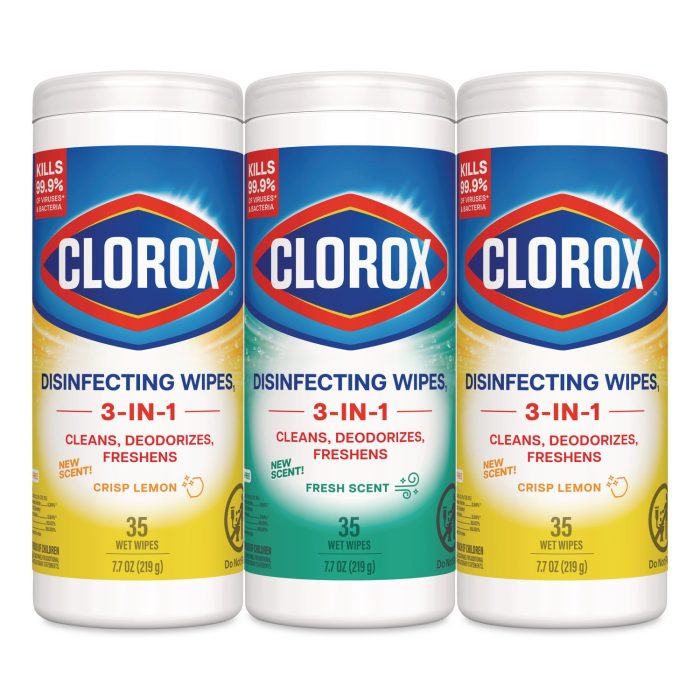 15182818 Disinfecting Wipes, 1-Ply, 7 x 8, (1) Fresh Scent/(2) Crisp Lemon, White, 35/Canister, 3 Canisters/Pack - Image 1