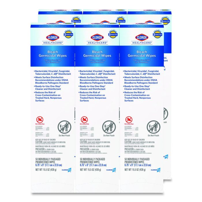 15112911 Bleach Germicidal Wipes, Individual Wipes, 1-Ply, 6.75 x 9, Unscented, White, 50/Box, 6 Boxes/Carton - Image 1