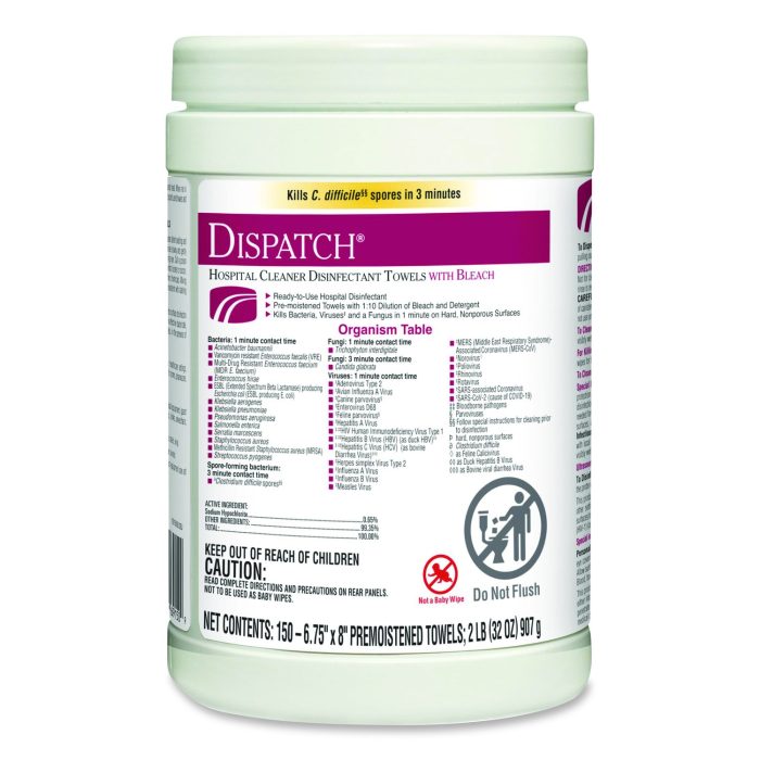 15113286 Dispatch Hospital Cleaner Disinfectant Towels with Bleach, 1-Ply, 6.75 x 8, Unscented, White, 150/Canister - Image 1