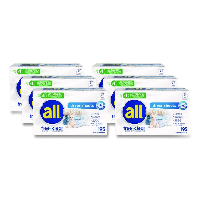 15109304 Free Clear Dryer Sheets, Fragrance Free, 195 Sheets/Pack, 6 Packs/Carton - Image 1