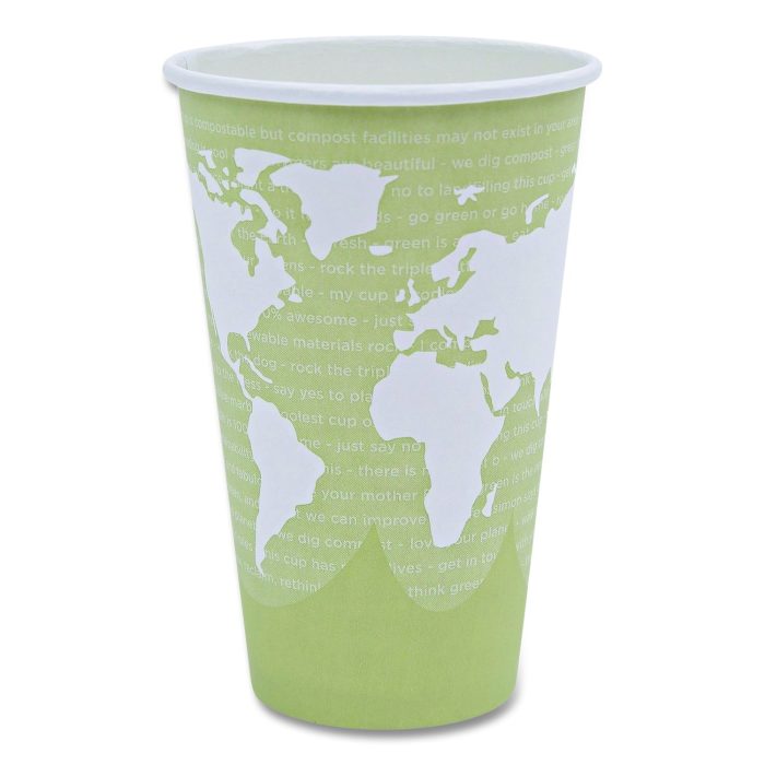 891058 World Art Renewable and Compostable Hot Cups, 16 oz, Paper, Moss, 50/Pack - Image 1