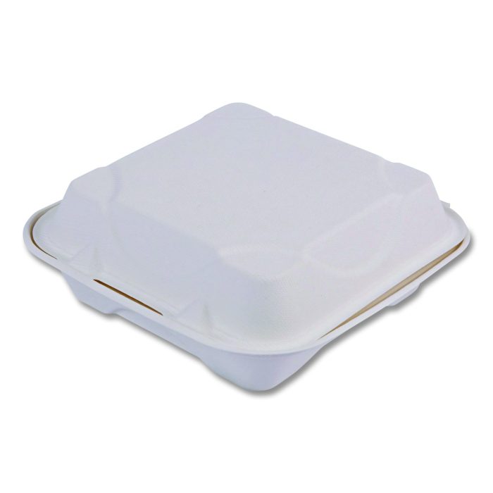 891230 Vanguard Renewable and Compostable Sugarcane Clamshells, 8 x 8 x 3, White, 200/Carton - Image 1