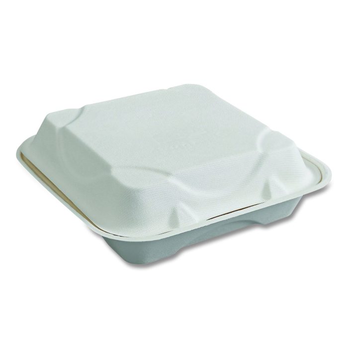 891244 Vanguard Renewable and Compostable Sugarcane Clamshells, 9 x 9 x 3, White, 200/Carton - Image 1
