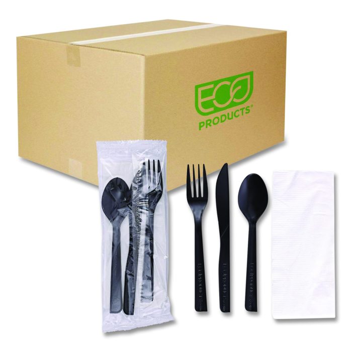 15073843 100% Recycled Content Cutlery Kit, Heavyweight Fork/Knife/Soup Spoon/Spoon, Plastic, Black, 250/Carton - Image 1