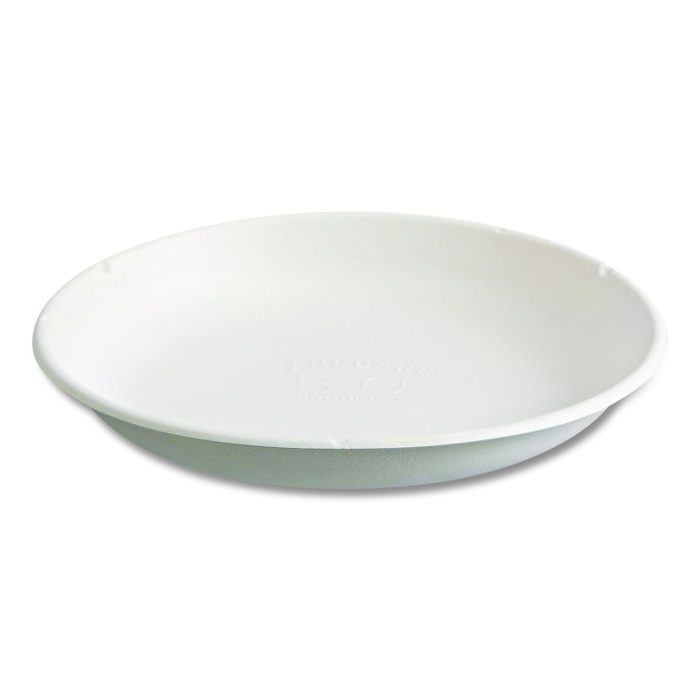15004707 Vanguard Worldview Renewable and Compostable Sugarcane Take-Out Containers, 34.1 oz, 9 x 9 x 1.25, White, 400/Carton - Image 1