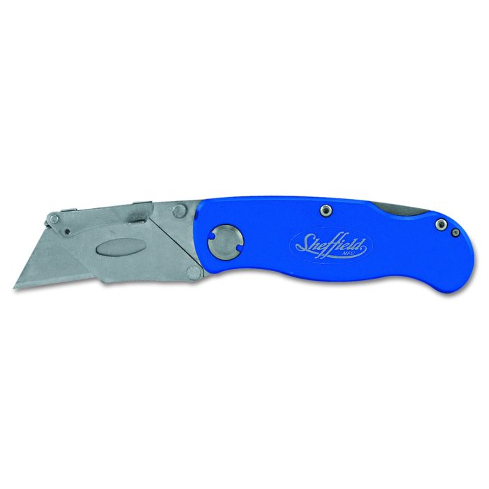 151961 Sheffield Folding Lockback Knife, 1 Utility Blade, 2" Blade, 3.5" Aluminum Handle, Blue - Image 1