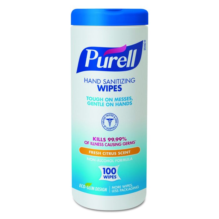 274599 Premoistened Hand Sanitizing Wipes, Cloth, 5.75 x 7, Fresh Citrus, White, 100/Canister - Image 1