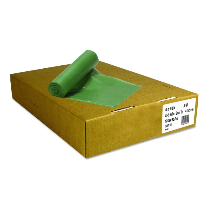 15079382 Eco Blend Max Can Liners, 45 gal, 0.8 mil, 40" x 46", Green, 25 Bags/Roll, 6 Rolls/Carton - Image 1
