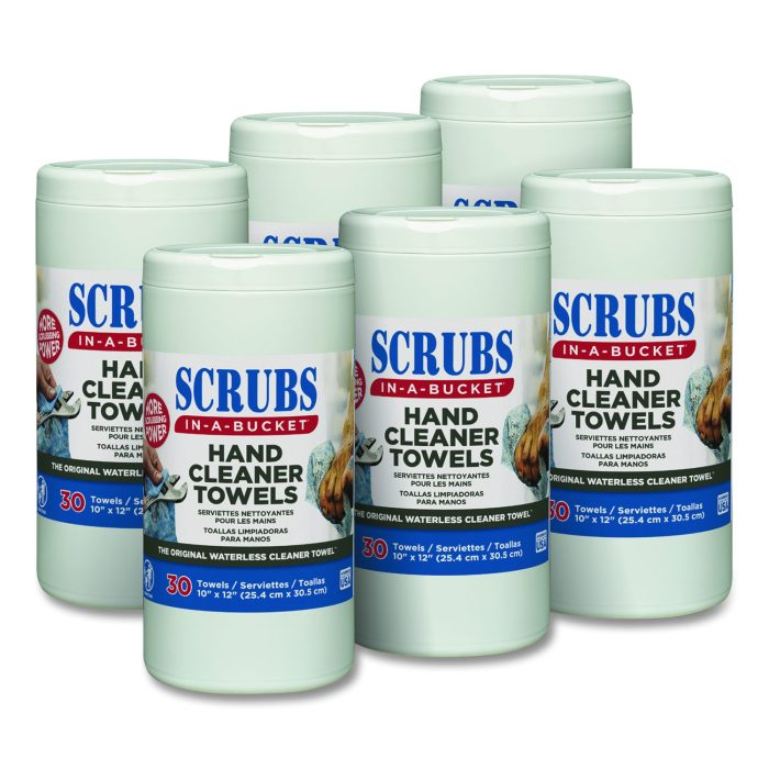 15046404 Hand Cleaner Towels, 1-Ply, 10 x 12, Citrus, Blue/White, 30/Canister, 6/Carton - Image 1