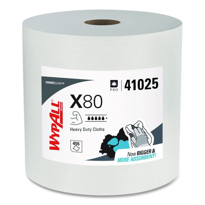15104972 Power Clean X80 Heavy Duty Cloths, Jumbo Roll, 12.4 x 12.2, White, 455/Roll - Image 1
