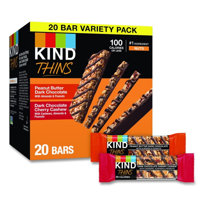 15101906 Thins Peanut Butter Dark Chocolate and Dark Chocolate Cherry Cashew Variety Pack, 0.74 oz Bar, 20/Box - Image 1