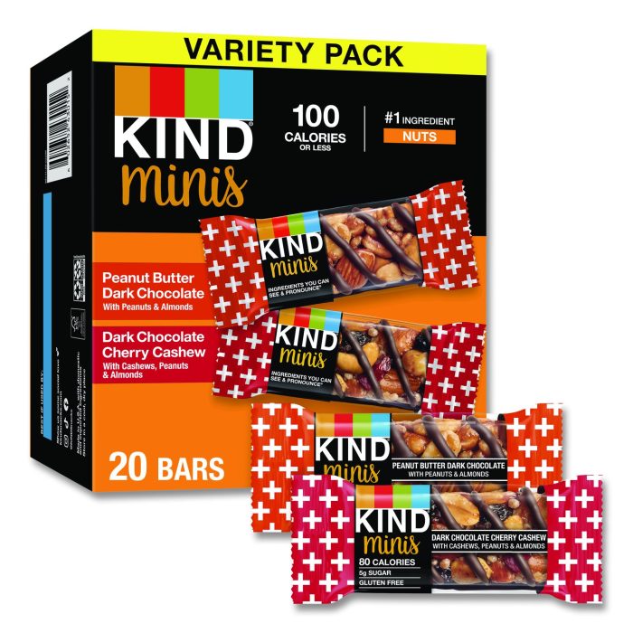 15101697 Minis Peanut Butter Dark Chocolate and Dark Chocolate Cherry Cashew Variety Pack, 0.74 oz Bar, 20/Box - Image 1